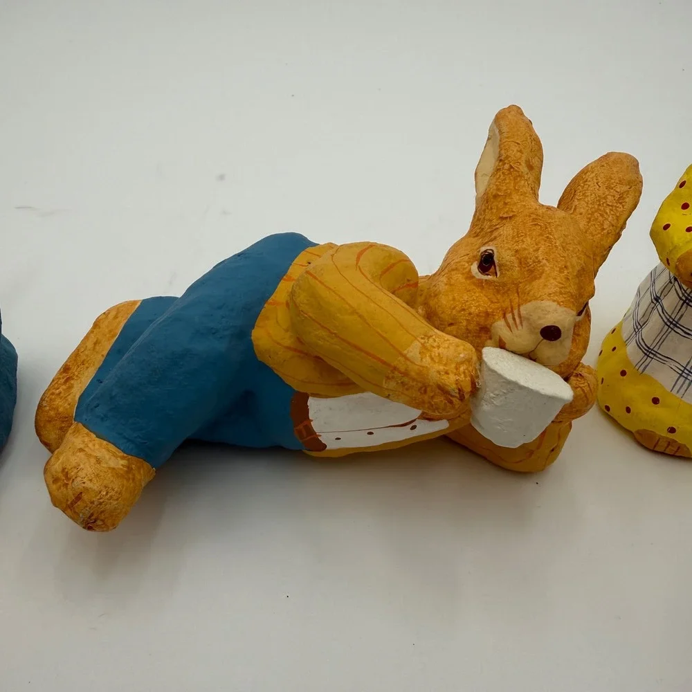 Vintage Style Hand Painted Bunny Rabbit‎ Figurines Set of 5 Easter Decor Nursery